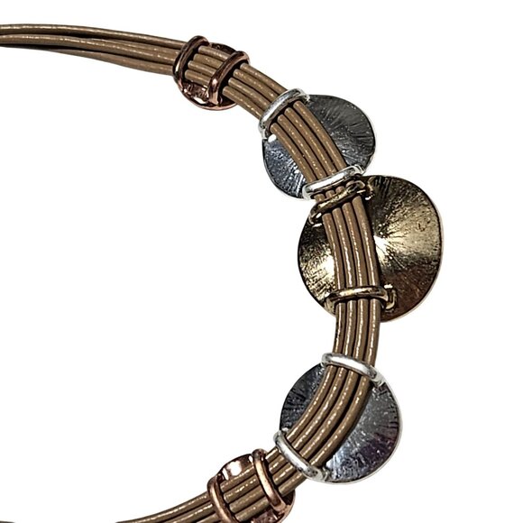 Boho Chic Mixed Metal Hammered Disc Statement Necklace Leather Cord Fashion - Picture 5 of 7